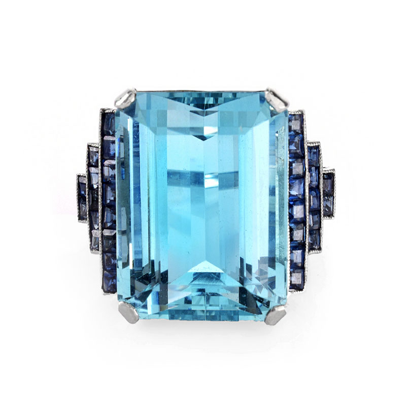 Vintage Estate Art Deco style 31.40 Carat Emerald Cut Gem Quality Aquamarine, Sapphire and Platinum Ring.