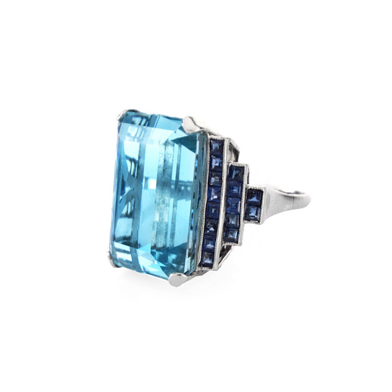 Vintage Estate Art Deco style 31.40 Carat Emerald Cut Gem Quality Aquamarine, Sapphire and Platinum Ring.