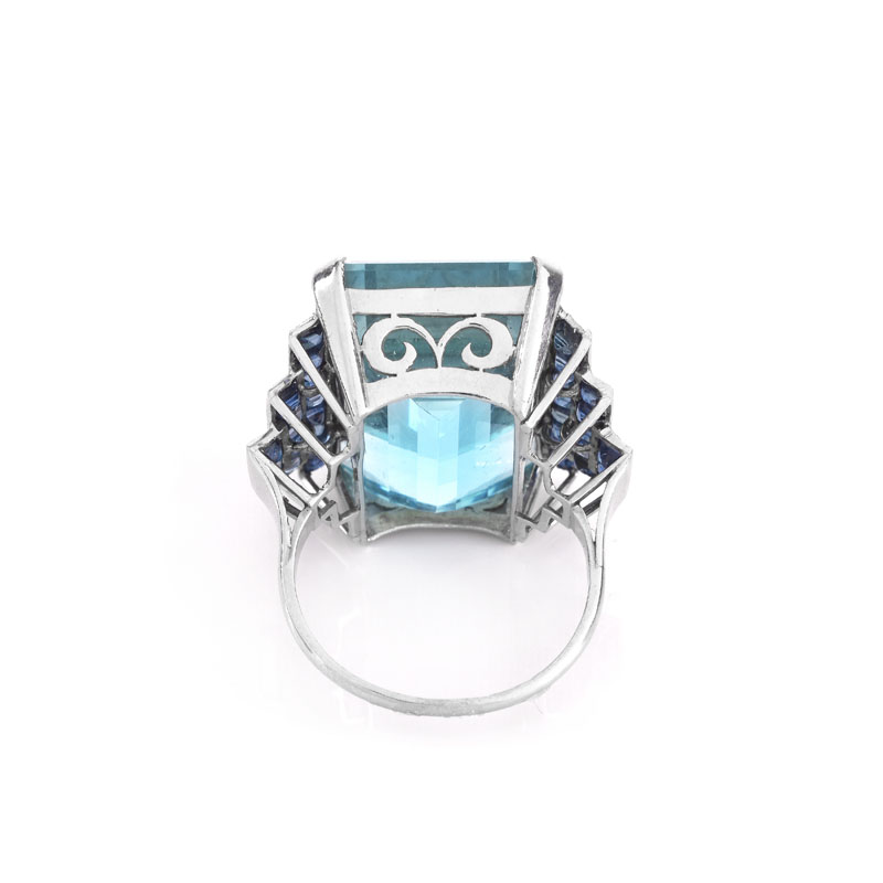 Vintage Estate Art Deco style 31.40 Carat Emerald Cut Gem Quality Aquamarine, Sapphire and Platinum Ring.