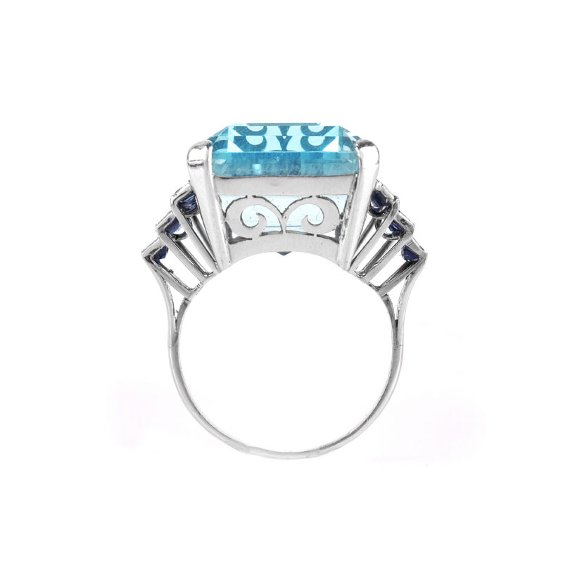 Vintage Estate Art Deco style 31.40 Carat Emerald Cut Gem Quality Aquamarine, Sapphire and Platinum Ring.