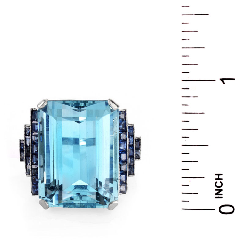 Vintage Estate Art Deco style 31.40 Carat Emerald Cut Gem Quality Aquamarine, Sapphire and Platinum Ring.