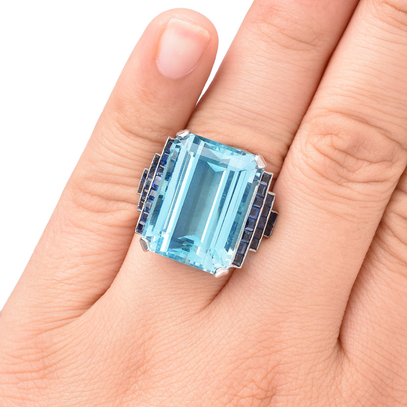 Vintage Estate Art Deco style 31.40 Carat Emerald Cut Gem Quality Aquamarine, Sapphire and Platinum Ring.