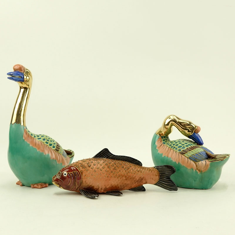 Three (3) 20th Century Japanese Moriage Pottery Figures. Includes: two geese figures (both stamped) and a koi fish.