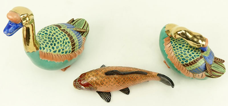 Three (3) 20th Century Japanese Moriage Pottery Figures. Includes: two geese figures (both stamped) and a koi fish.