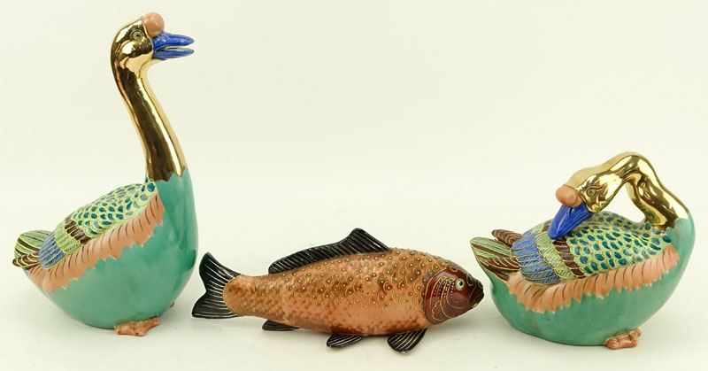 Three (3) 20th Century Japanese Moriage Pottery Figures. Includes: two geese figures (both stamped) and a koi fish.