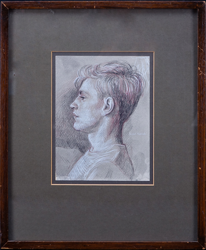 Jared French, American  (1905 - 1987) "Portrait Study" Colored Crayon and Ink on Paper, Signed Center Right.