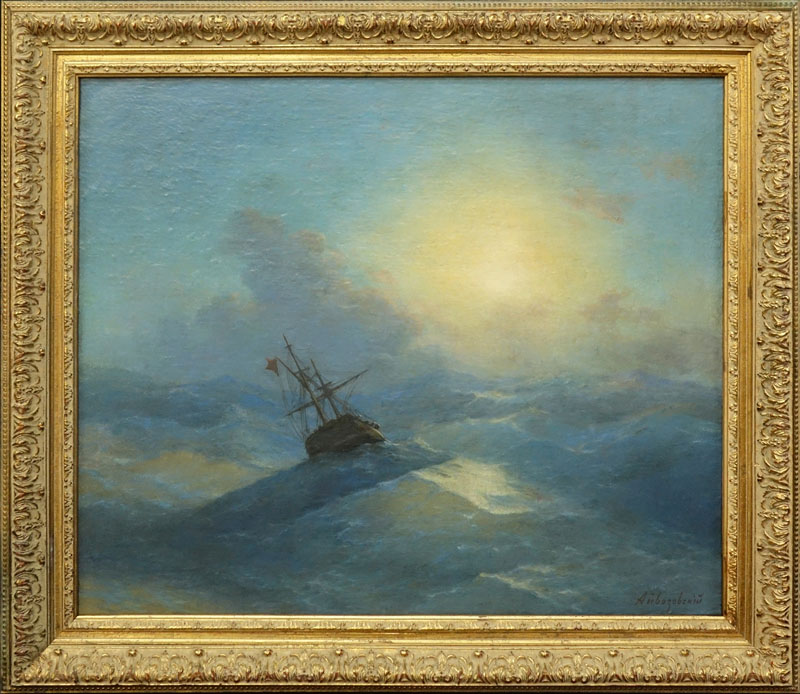 Attributed to: Ivan Konstantinovich Aivazovsky, Russian (1817 - 1900) Oil on Canvas "Ship in Stormy Waters" Signed Lower Right.