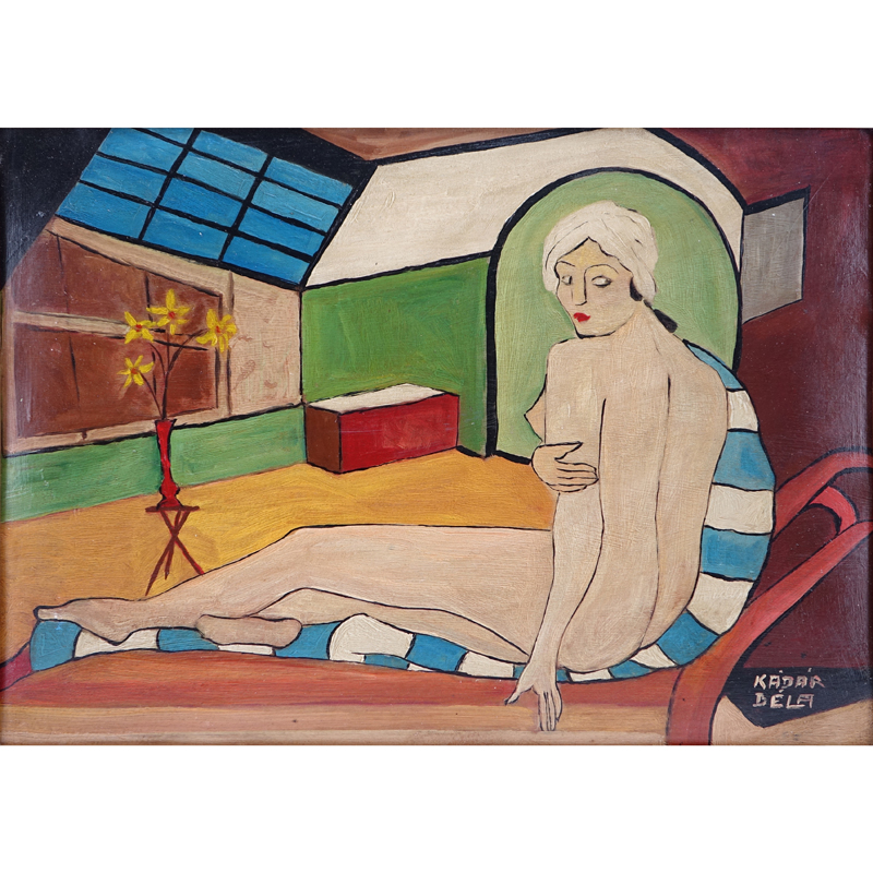 Attributed to: Bela Kadar, Hungarian  (1877-1956) Oil on cardboard "Nude In Room" Signed lower right.