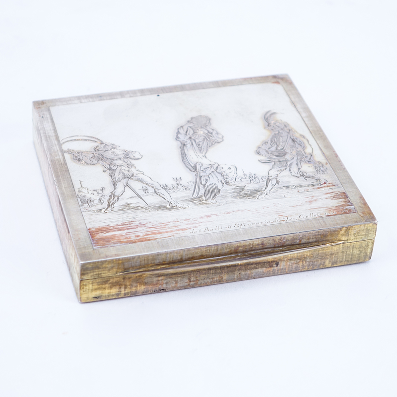 Vintage Mario Buccellati Gold Washed Sterling Silver Cigarette Box with Engraved  Balli di Sfessania (Dance of Sfessania) after Jacques Callot to top.