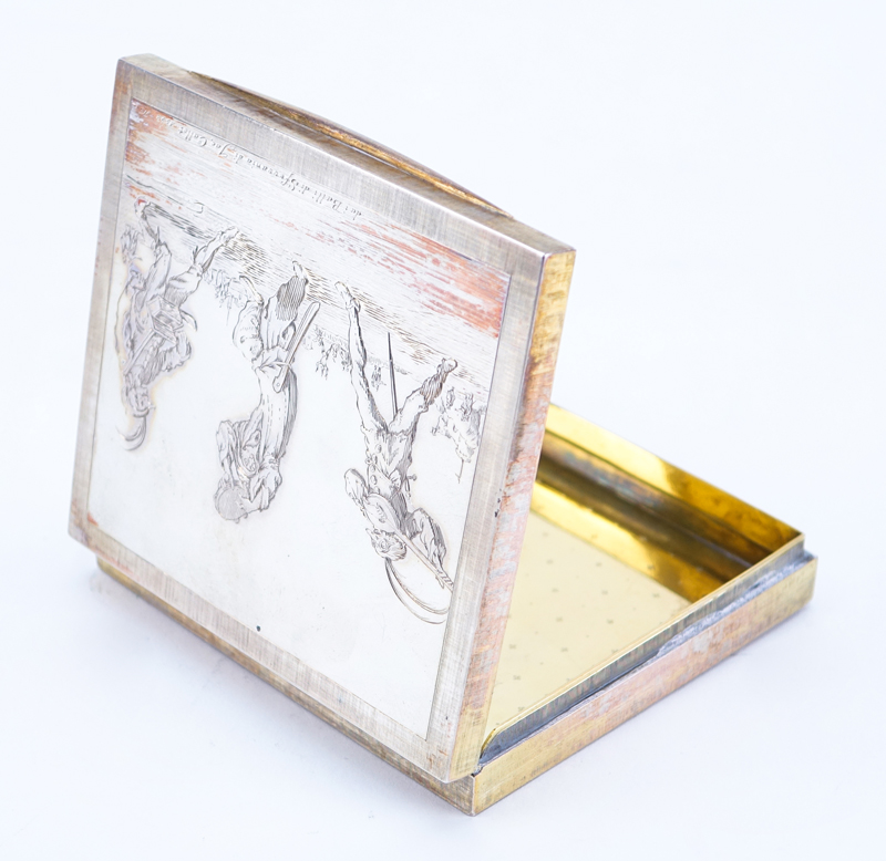 Vintage Mario Buccellati Gold Washed Sterling Silver Cigarette Box with Engraved  Balli di Sfessania (Dance of Sfessania) after Jacques Callot to top.