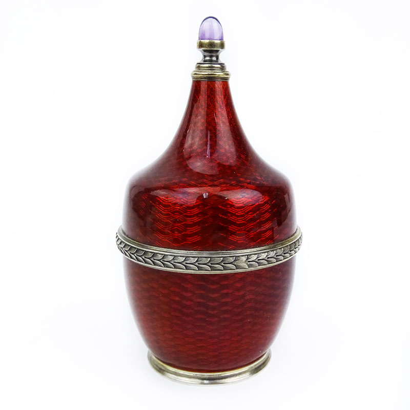 Fine Russian Faberge 88 Silver and Guilloche Enamel Perfume Bottle with Cabochon Amethyst Accent.