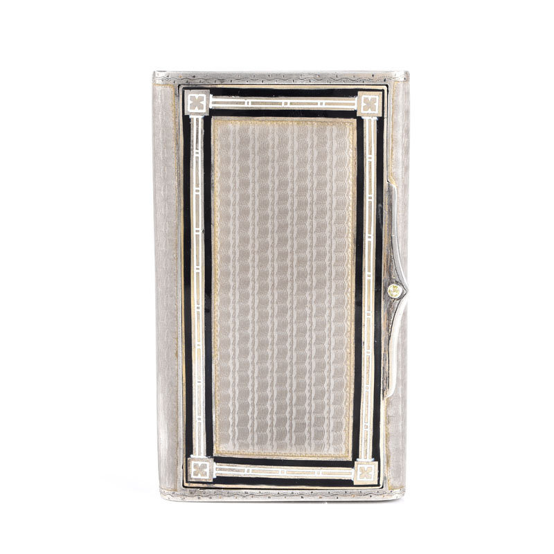 Antique Russian Faberge 88 Silver and Guilloche Enamel Cigarette or Snuff Box with Diamond Accented Clasp.