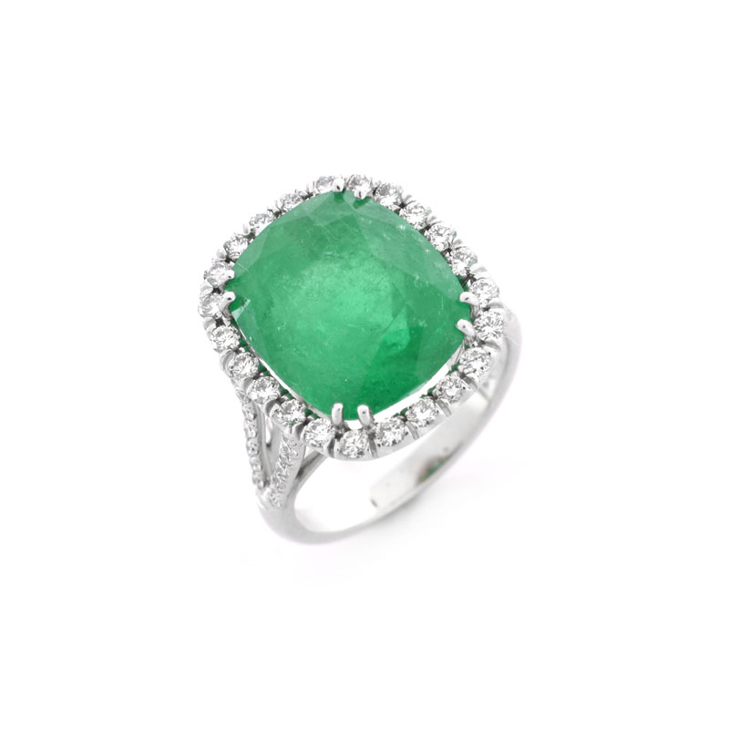 Approx. 9.0 Carat Cushion Cut Colombian Emerald, .95 Carat Round Brilliant Cut Diamond and 18 Karat White Gold Ring.