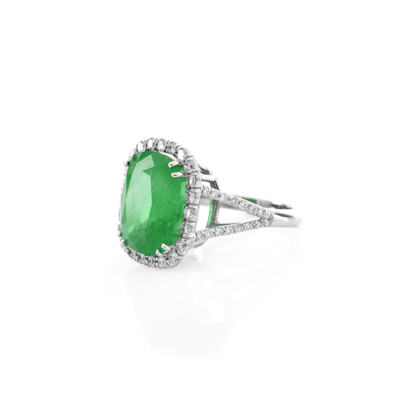 Approx. 9.0 Carat Cushion Cut Colombian Emerald, .95 Carat Round Brilliant Cut Diamond and 18 Karat White Gold Ring.