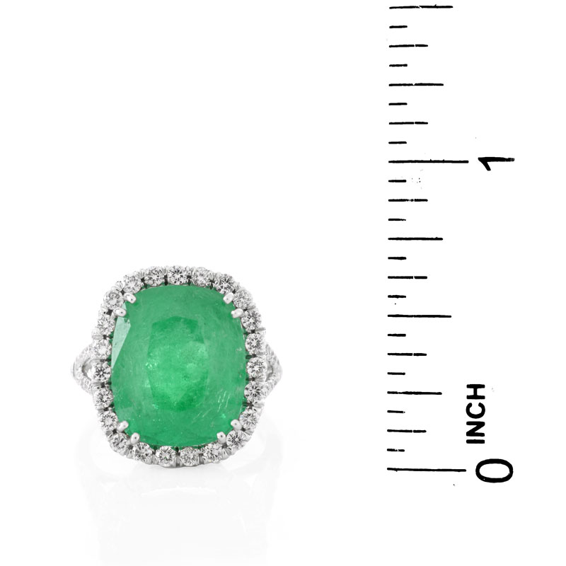 Approx. 9.0 Carat Cushion Cut Colombian Emerald, .95 Carat Round Brilliant Cut Diamond and 18 Karat White Gold Ring.