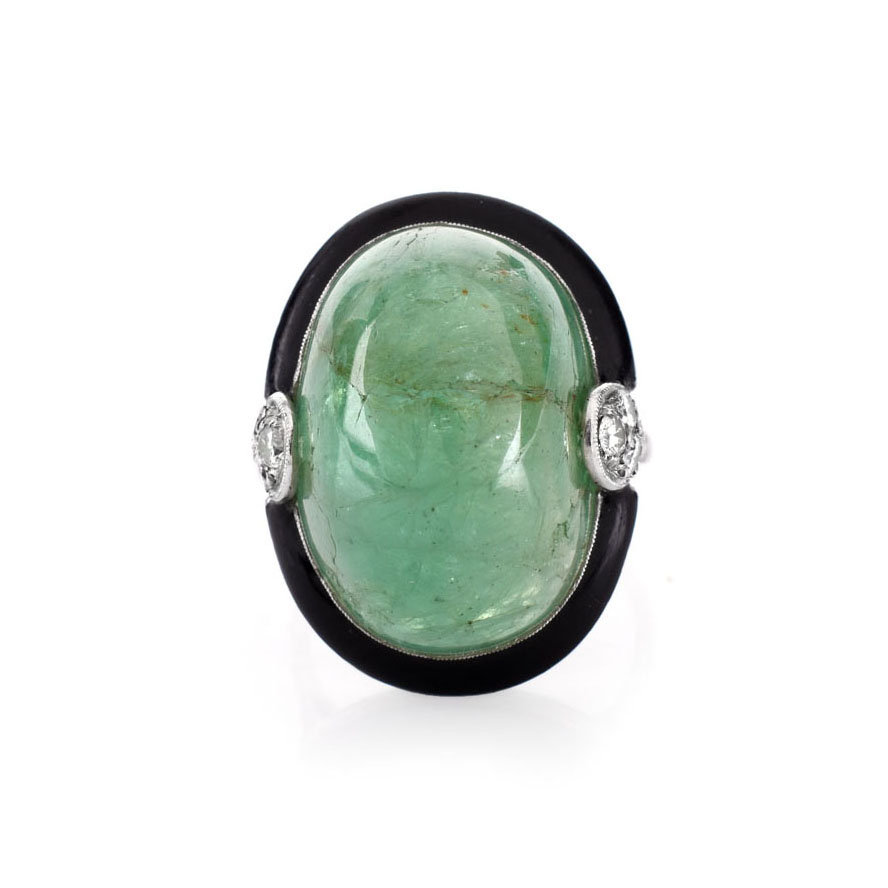 Estate Large Cabochon Emerald, Diamond, Black Onyx and 18 Karat White Gold Ring. Emerald measures 21mm x 14mm. 