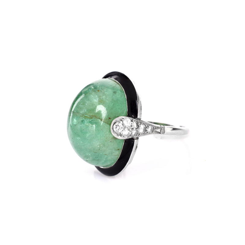 Estate Large Cabochon Emerald, Diamond, Black Onyx and 18 Karat White Gold Ring. Emerald measures 21mm x 14mm. 