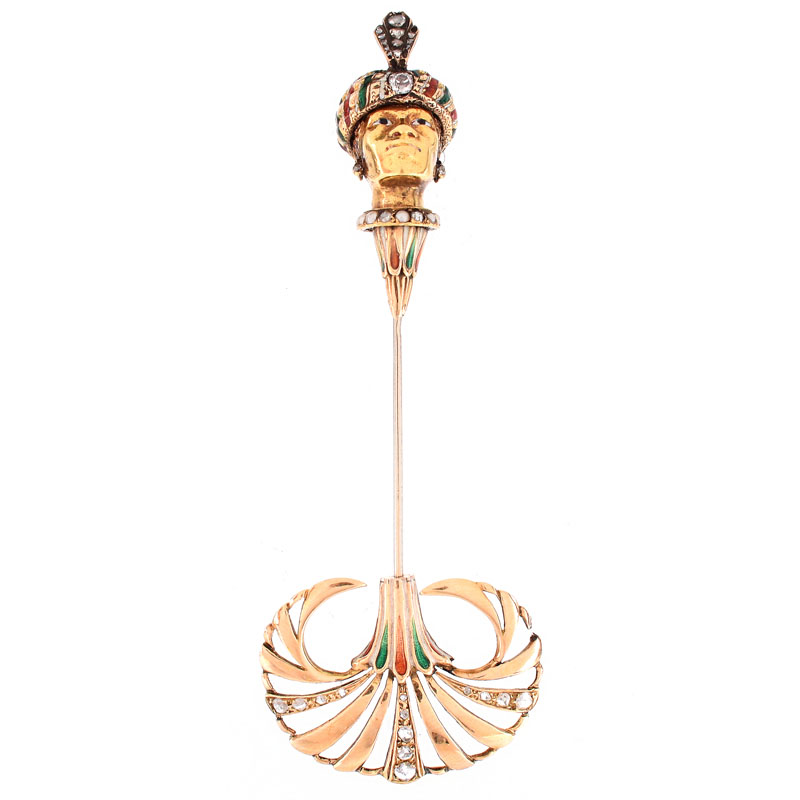 19/20th Century Nardi style 18 Karat Yellow Gold, Natural Seed Pearl, Rose Cut Diamond and Enamel Nubian Stickpin Brooch.