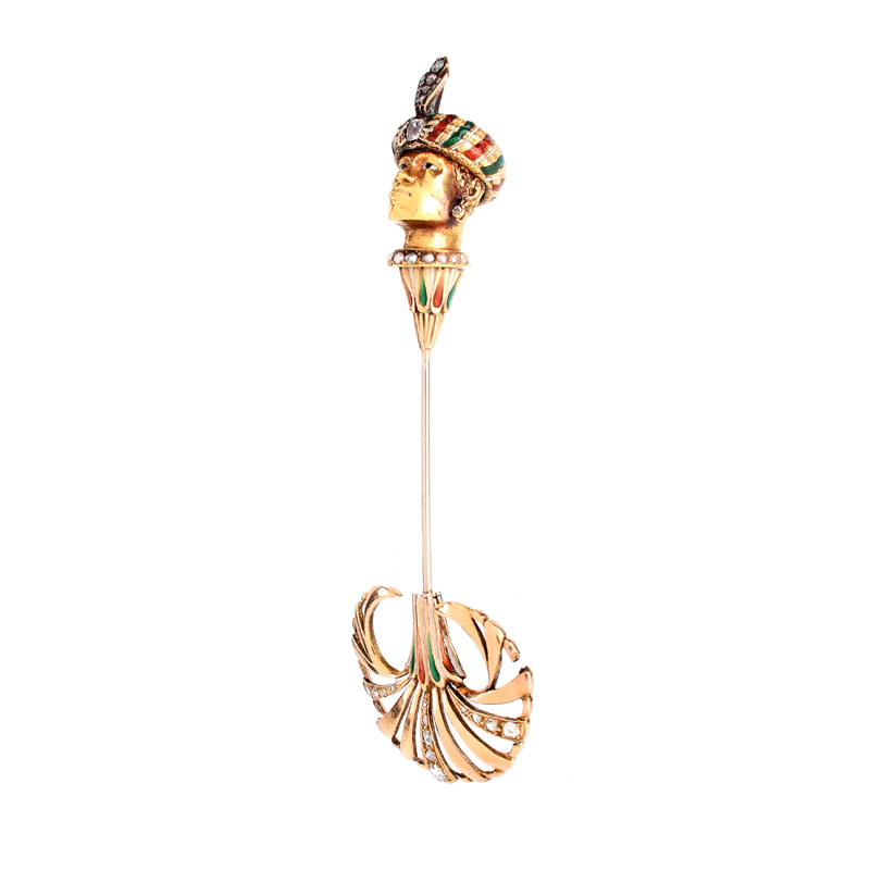 19/20th Century Nardi style 18 Karat Yellow Gold, Natural Seed Pearl, Rose Cut Diamond and Enamel Nubian Stickpin Brooch.