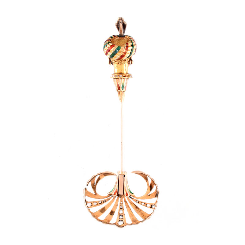 19/20th Century Nardi style 18 Karat Yellow Gold, Natural Seed Pearl, Rose Cut Diamond and Enamel Nubian Stickpin Brooch.