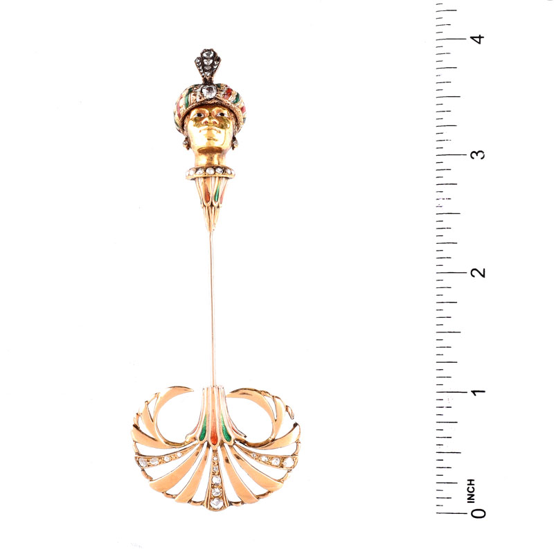 19/20th Century Nardi style 18 Karat Yellow Gold, Natural Seed Pearl, Rose Cut Diamond and Enamel Nubian Stickpin Brooch.