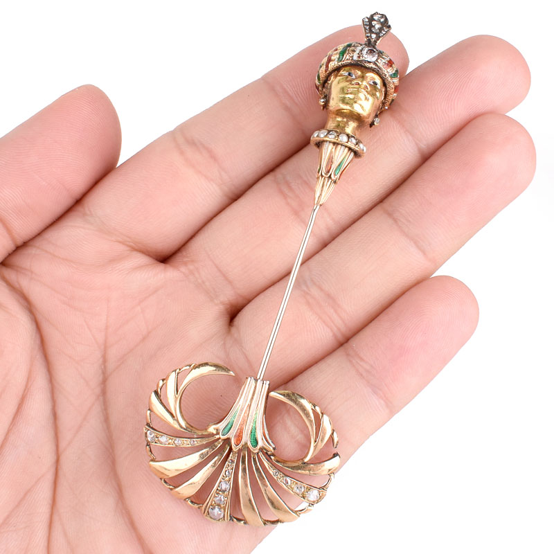 19/20th Century Nardi style 18 Karat Yellow Gold, Natural Seed Pearl, Rose Cut Diamond and Enamel Nubian Stickpin Brooch.