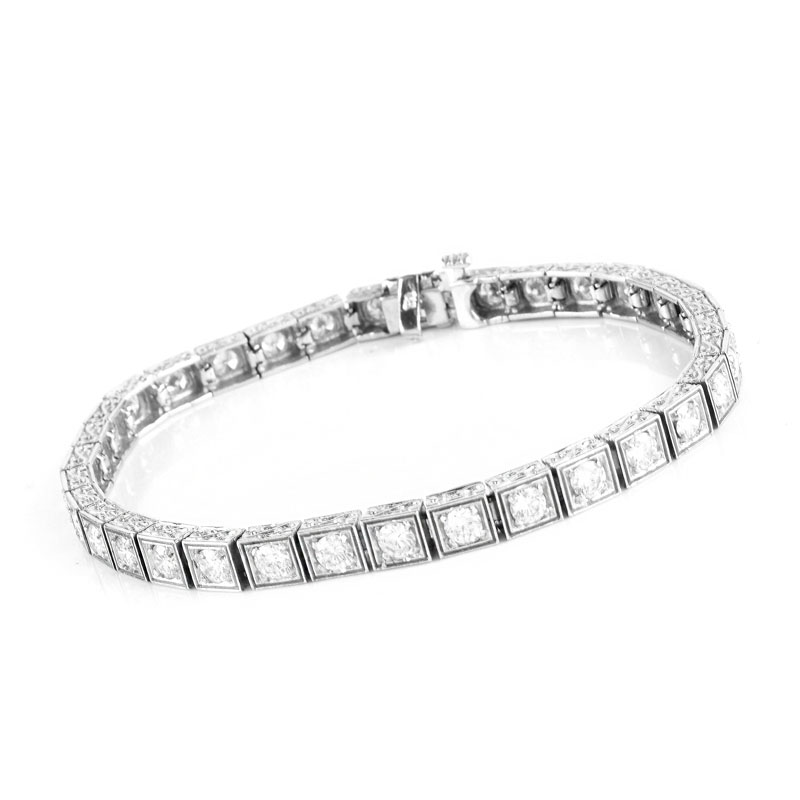 Vintage Approx. 6.0 Carat Round Cut Diamond and 14 Karat White Gold Box Line Bracelet.