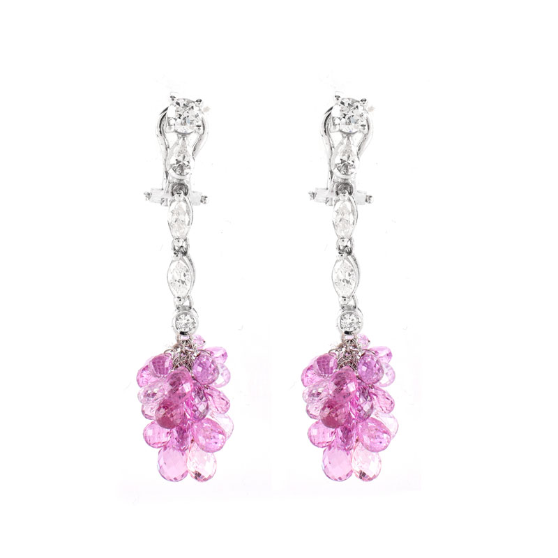 Vintage Briolette Cut Pink Sapphire, Approx. 1.20 Marquise and Round Brilliant Cut Diamond and 18 Karat White Gold Earrings. 