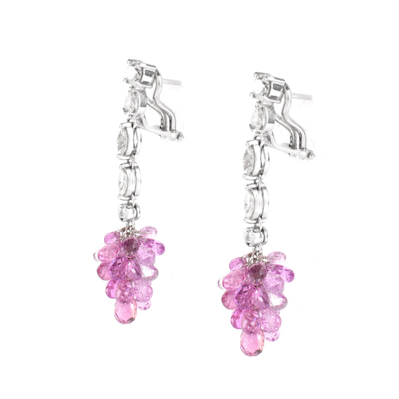 Vintage Briolette Cut Pink Sapphire, Approx. 1.20 Marquise and Round Brilliant Cut Diamond and 18 Karat White Gold Earrings. 
