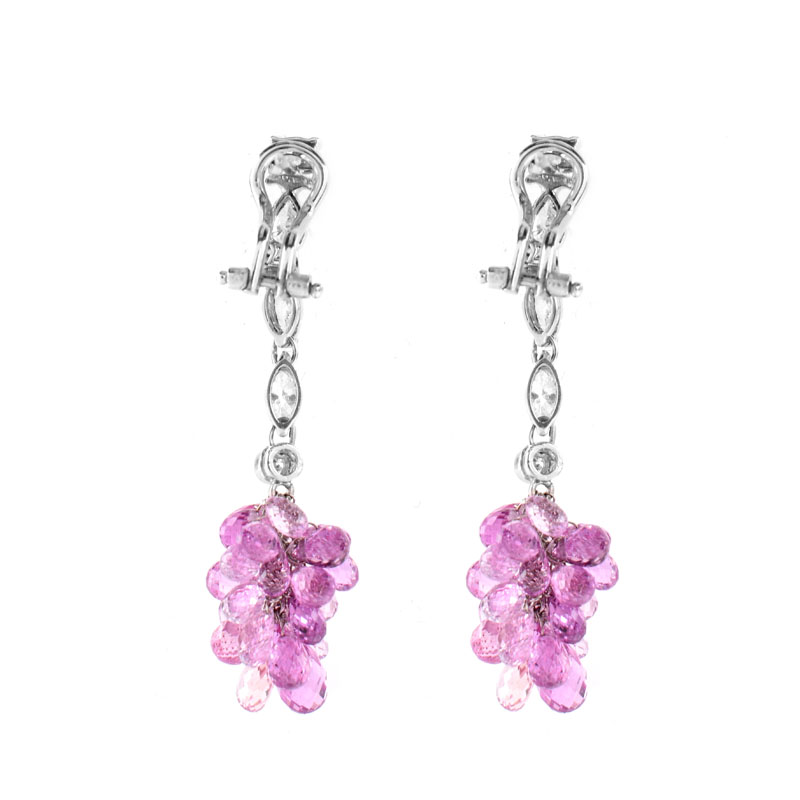 Vintage Briolette Cut Pink Sapphire, Approx. 1.20 Marquise and Round Brilliant Cut Diamond and 18 Karat White Gold Earrings. 