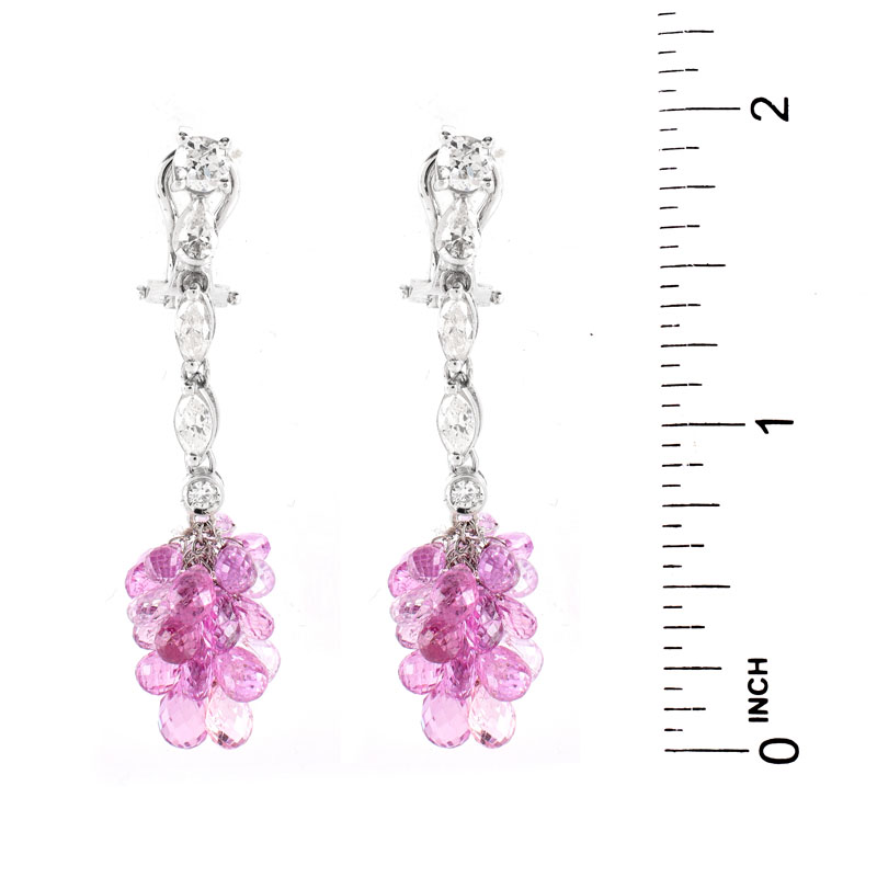 Vintage Briolette Cut Pink Sapphire, Approx. 1.20 Marquise and Round Brilliant Cut Diamond and 18 Karat White Gold Earrings. 