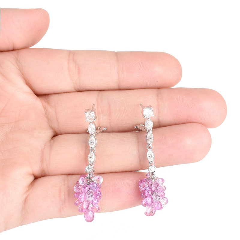 Vintage Briolette Cut Pink Sapphire, Approx. 1.20 Marquise and Round Brilliant Cut Diamond and 18 Karat White Gold Earrings. 