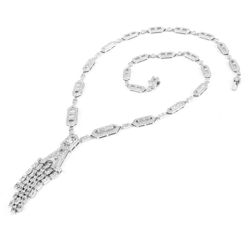 Art Deco style Approx. 10.0 Carat Round Brilliant and Baguette Cut Diamond and 18 Karat White Gold Tassel Pendant Necklace.