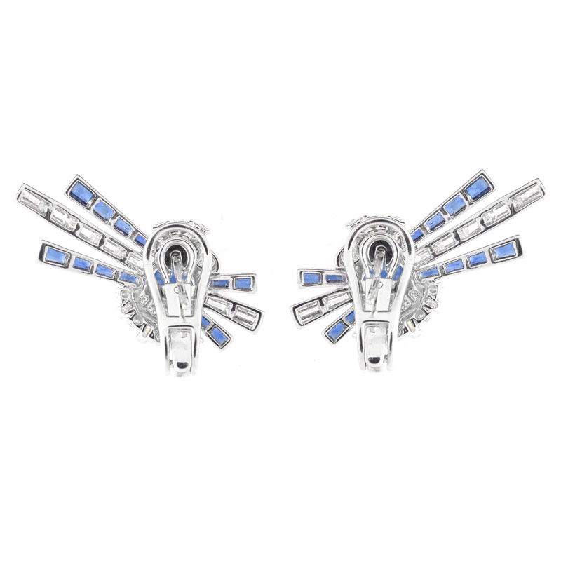 Approx. 3.60 Carat Oval and Baguette Cut Sapphire, 1.40 Carat Round Brilliant and Baguette Cut Diamond and Platinum Earrings.