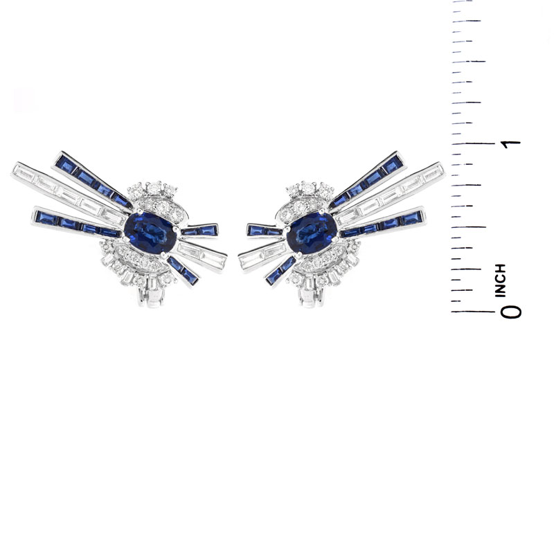 Approx. 3.60 Carat Oval and Baguette Cut Sapphire, 1.40 Carat Round Brilliant and Baguette Cut Diamond and Platinum Earrings.