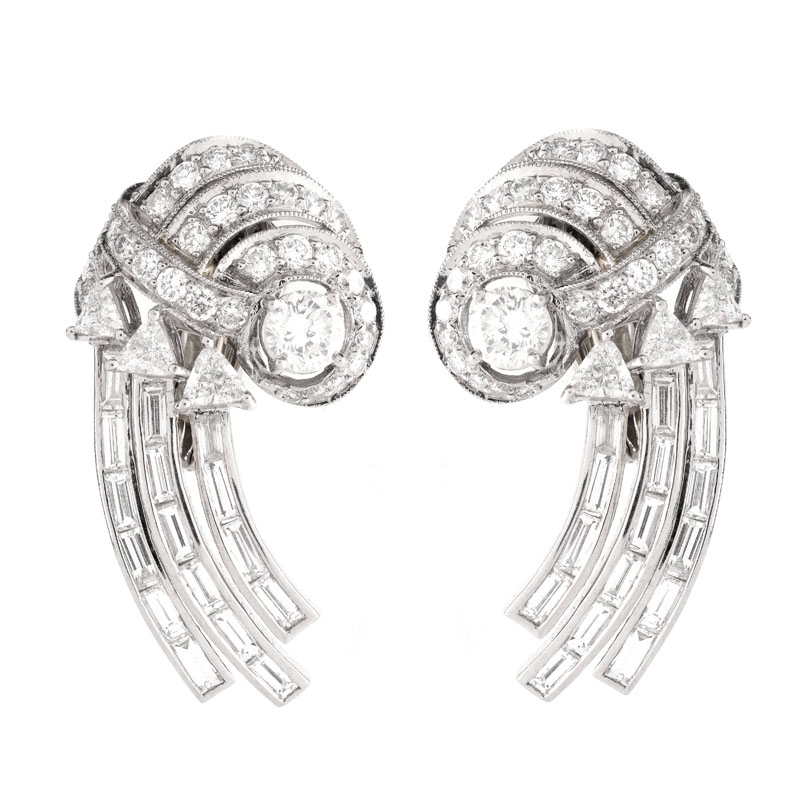 Approx. 5.50 Carat Round Brilliant, Trillion and Baguette Cut Diamond and Platinum Earrings.