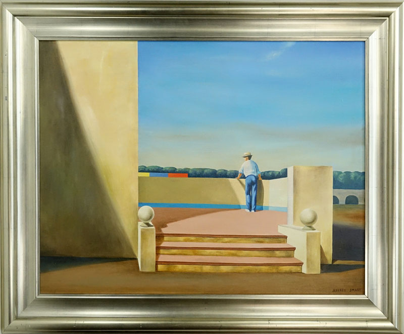 After: Jeffrey Smart, Australian (1921 - 2013) Oil on Canvas ""Enjoying The View" Signed lower right.