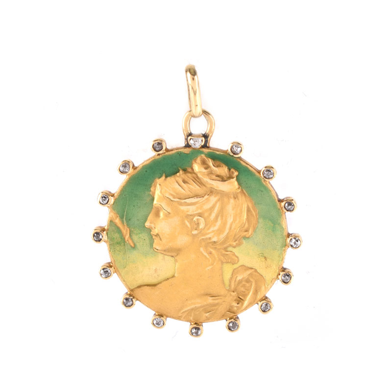 Circa 1893 Art Nouveau Rose Cut and Old European Cut Diamond and Enameled 14 Karat Yellow Gold Pendant with an image of Diana the Huntress.