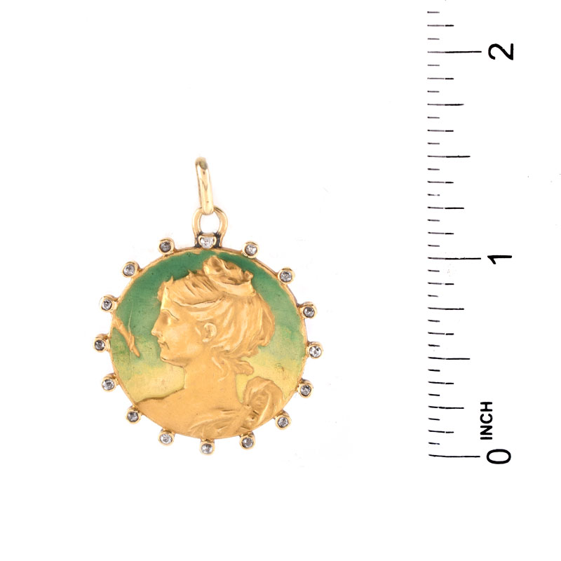 Circa 1893 Art Nouveau Rose Cut and Old European Cut Diamond and Enameled 14 Karat Yellow Gold Pendant with an image of Diana the Huntress.