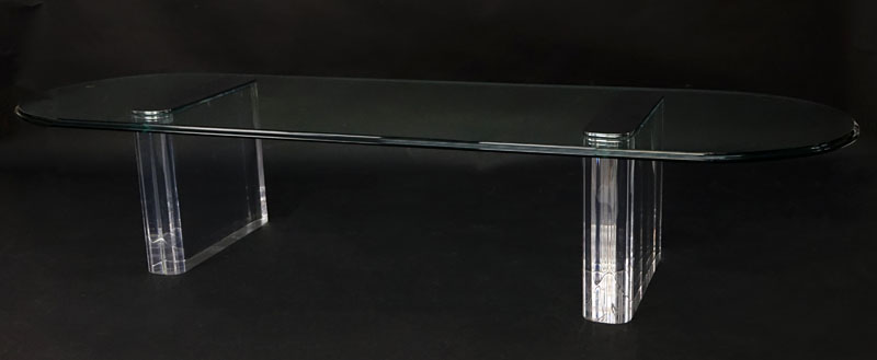 Vintage Lucite, Chrome and Glass Top Coffee Table Attributed to Pace. Good condition. Measures 15-1/4" H x 76-1/2" W x 23-1/2" Depth.