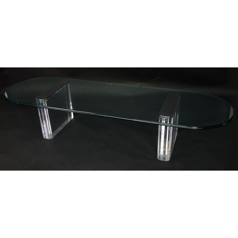 Vintage Lucite, Chrome and Glass Top Coffee Table Attributed to Pace. Good condition. Measures 15-1/4" H x 76-1/2" W x 23-1/2" Depth.