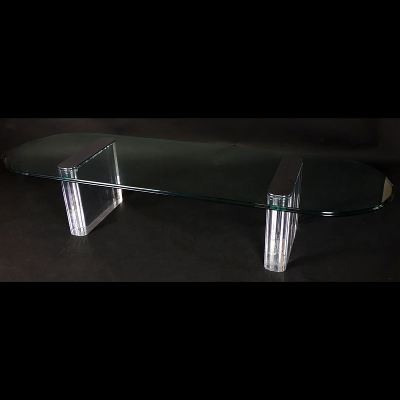 Vintage Lucite, Chrome and Glass Coffee Table Attributed to Pace. Good condition. Measures 15-1/4" H x 76-1/2" W x 23-1/2" Depth. 