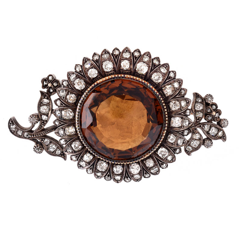 Antique Georgian Approx. 5.5-6.0 Carat Old European Cut Diamond, Citrine and Silver Topped 14 Karat Yellow Gold Brooch.