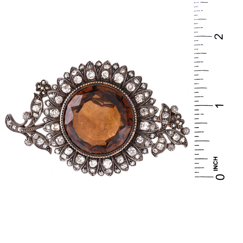 Antique Georgian Approx. 5.5-6.0 Carat Old European Cut Diamond, Citrine and Silver Topped 14 Karat Yellow Gold Brooch.