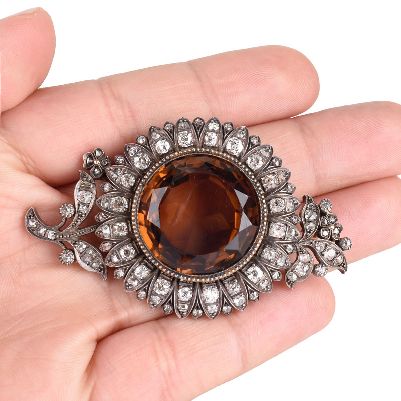 Antique Georgian Approx. 5.5-6.0 Carat Old European Cut Diamond, Citrine and Silver Topped 14 Karat Yellow Gold Brooch.