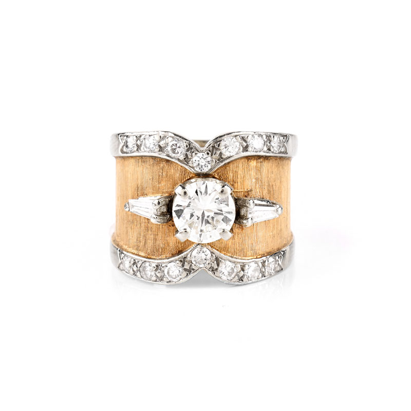 Vintage Diamond and 14 Karat Yellow Gold Engagement Ring Set in the Center with an Approx. 1.0 Carat Round Brilliant Cut Diamond.