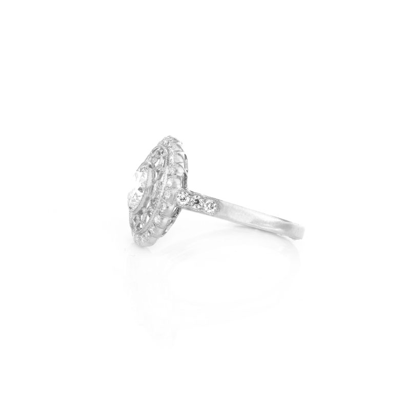 Art Deco style Approx. 1.36 Carat TW Diamond and Platinum Ring set in the Center with a 1.02 Carat Round Brilliant Cut Diamond.