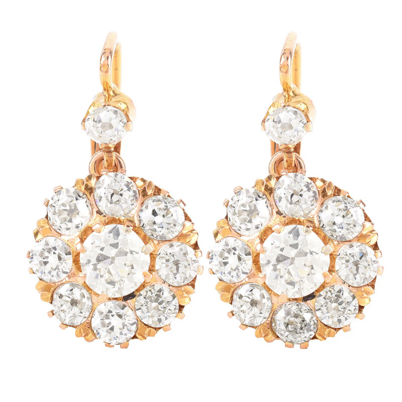 Circa 1940s Approx. 3.50 Carat Old Mine Cut Diamond and 18 Karat Yellow Gold Pendant Earrings.