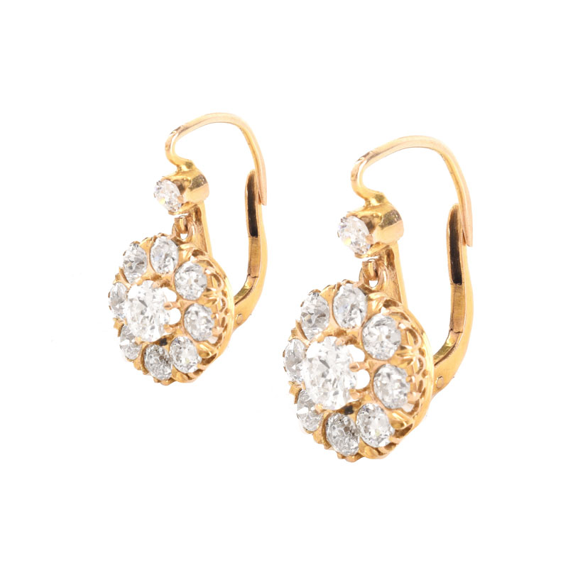 Circa 1940s Approx. 3.50 Carat Old Mine Cut Diamond and 18 Karat Yellow Gold Pendant Earrings.