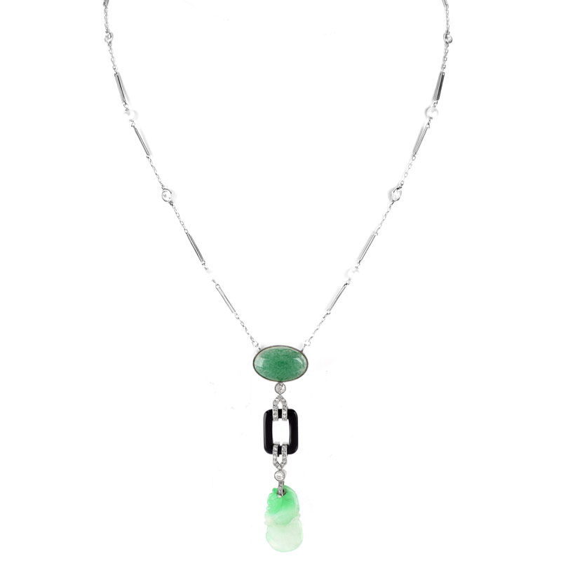 Art Deco Carved Jade, Cabochon Jade, Old European Cut Diamond, Pearl, Onyx and Platinum Pendant Necklace.